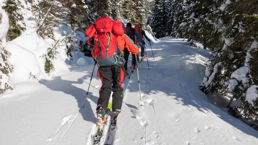 Bilden föreställer tre personer som går på längdskidor efter varandra. De går i ett skidspår med snötäckta träd på båda sidor. Alla har skidkläder på sig och bär stora packningar.
